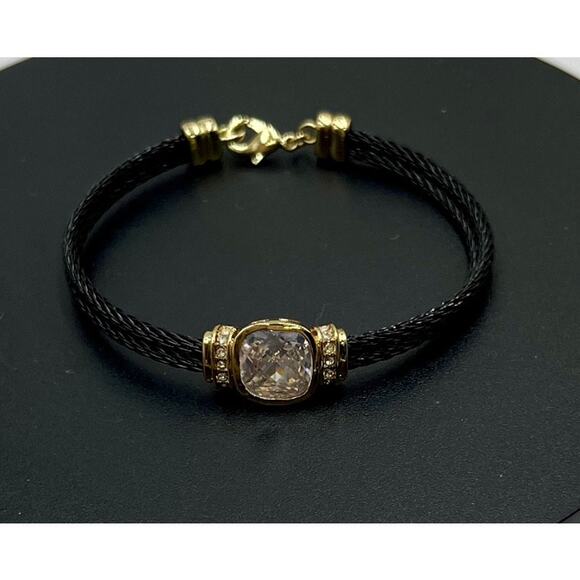 Black Stainless Steel Twisted Cable Bangle Sparkling Faceted  Cushion Cut CZ - Picture 7 of 8